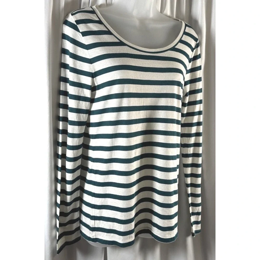 Ann Taylor LOFT Womens Green White Striped Scoop‎ Neck Long Sleeve Top Size M
